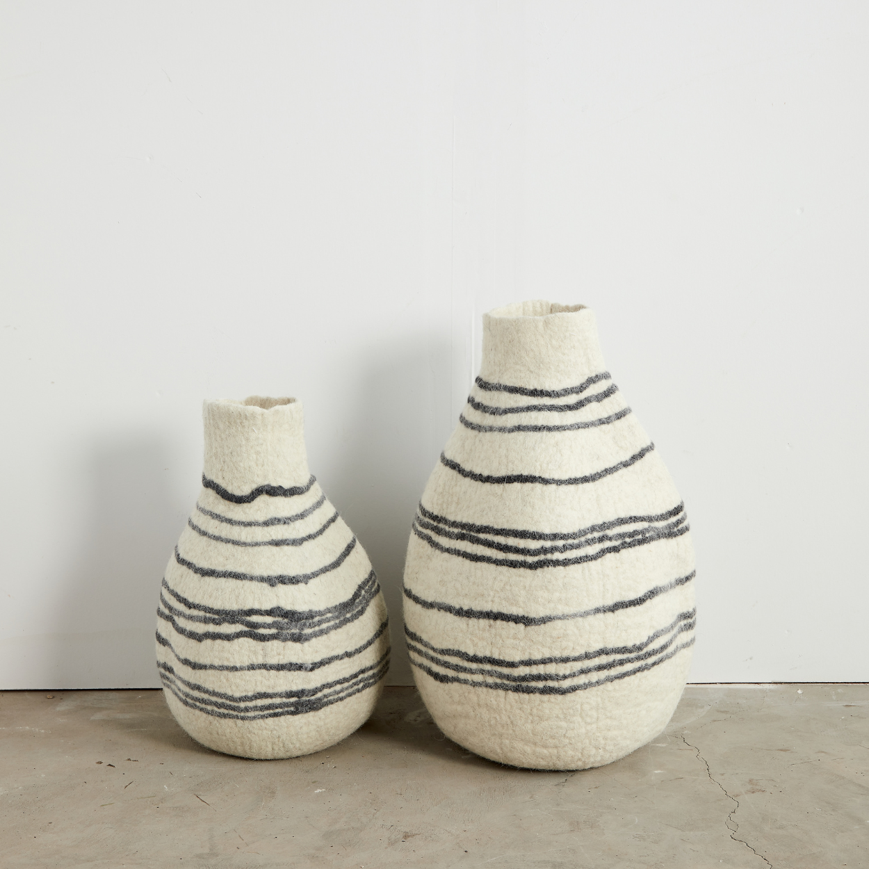 Gourd Basket | Felted Wool | Ivory and Charcoal  | Tribal Lines