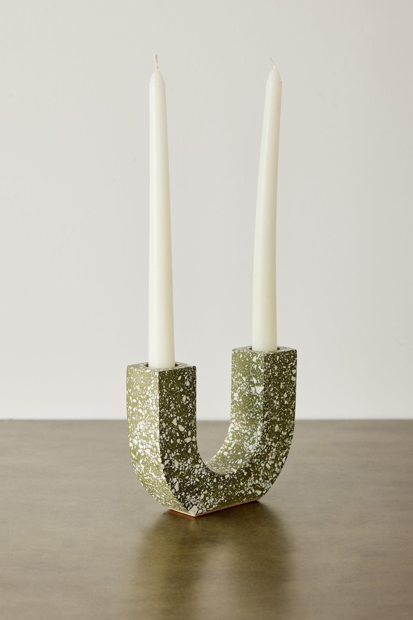 U-shaped Olive & White Terrazzo Taper Candle Holder