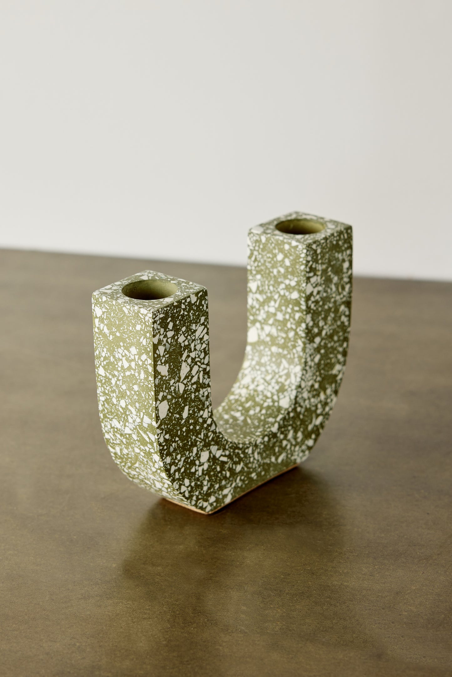 U-shaped Olive & White Terrazzo Taper Candle Holder