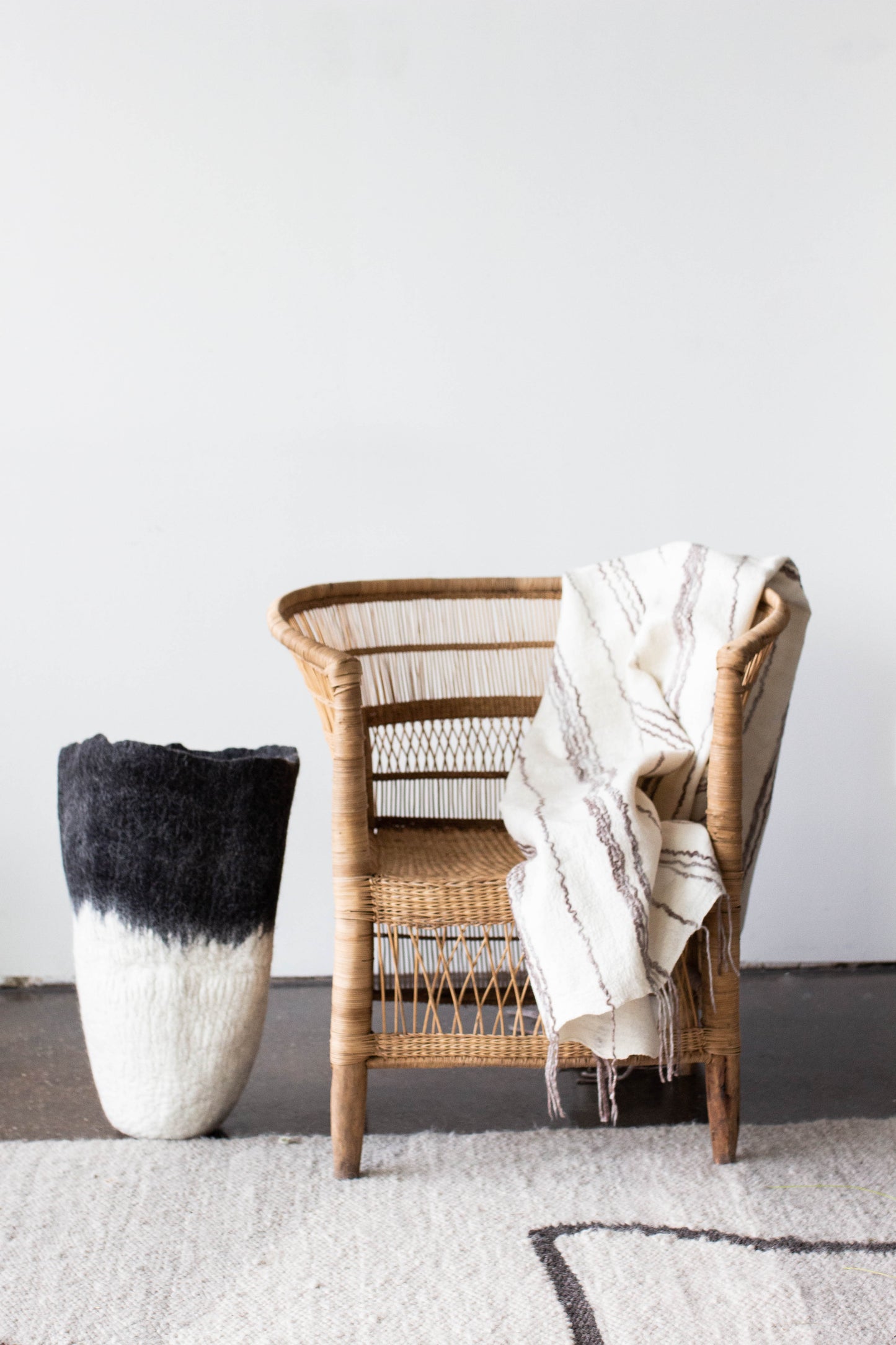 Modern Woven Floor Vase: Black & White Hand-Felted Floor Vase