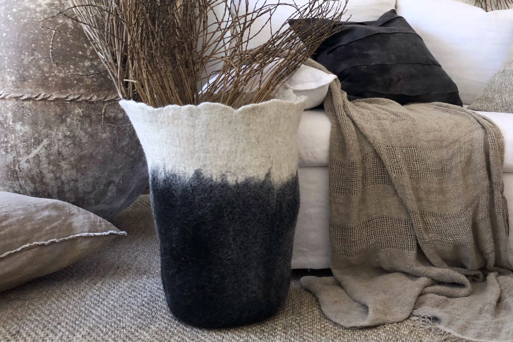 Modern Woven Floor Vase: Black & White Hand-Felted Floor Vase