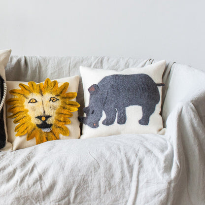 Rhino and lion Hand Felted Decorative Pillow - Wildlife Home Decor Large Square