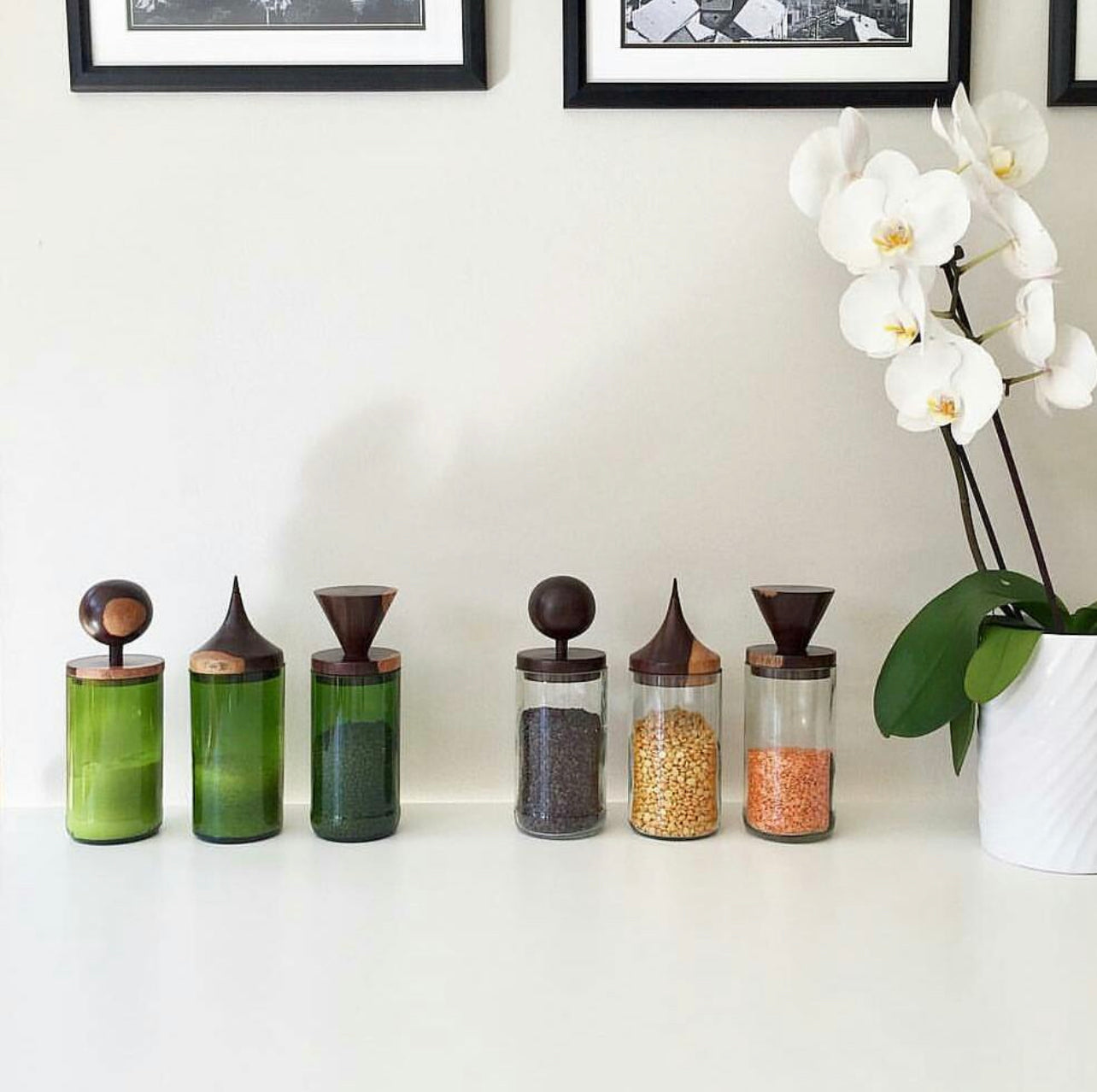 Wooden Topped Green Apothecary Jars