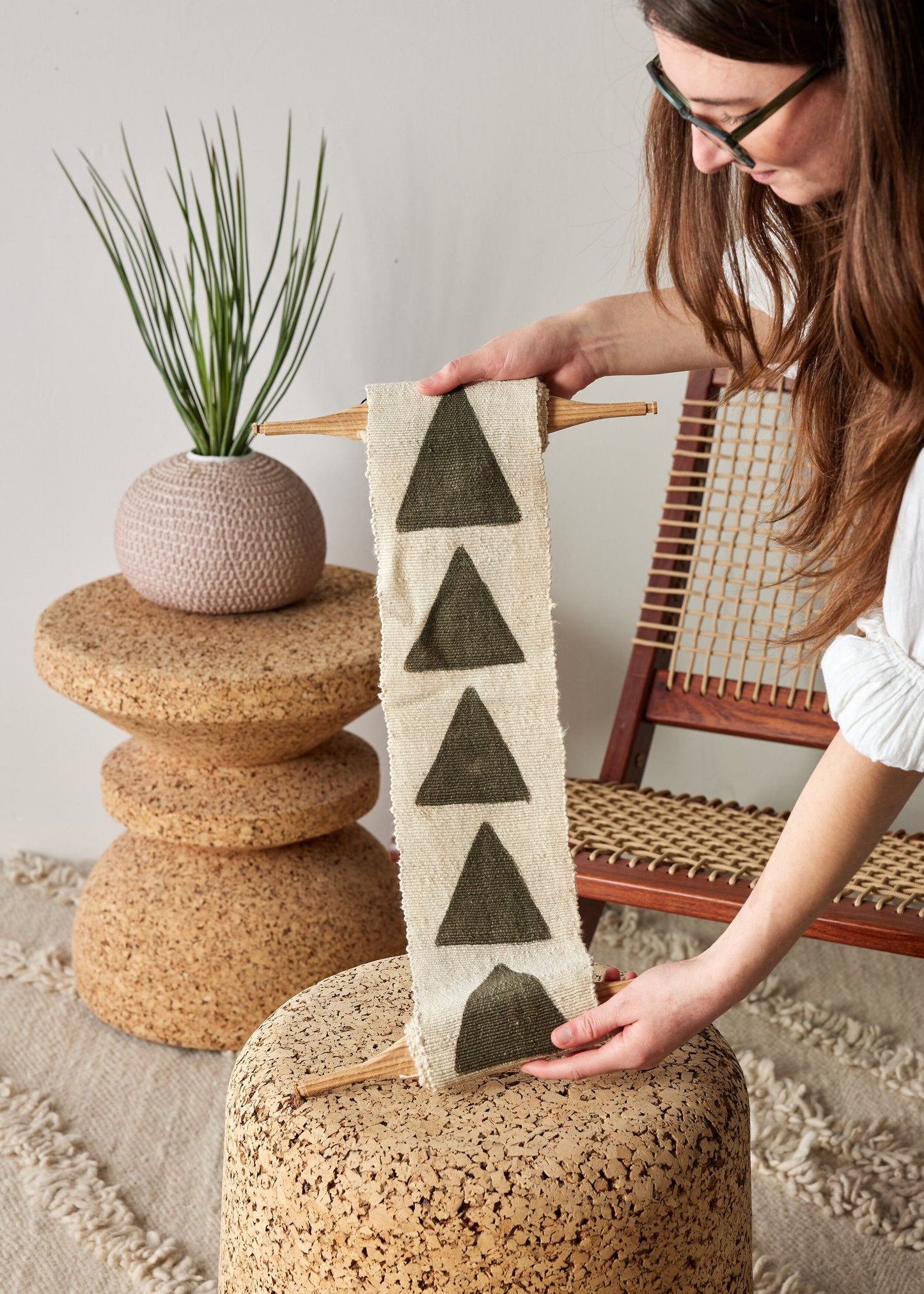 Purpose Bogolan Wall Totem in White with Grey Triangles