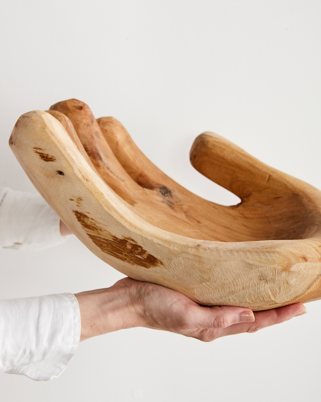 Wood Modern Open Hand Bowl Sculpture: Handmade Artisan Sculpture