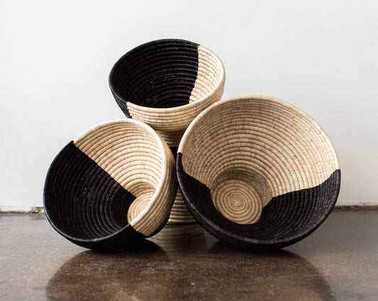 Modern Boho Handwoven Black and Natural Pedestal Basket