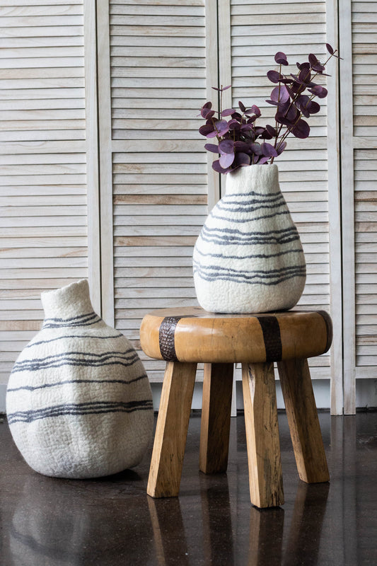 Modern Wool Tribal Lines Ivory and Charcoal Gourd Basket