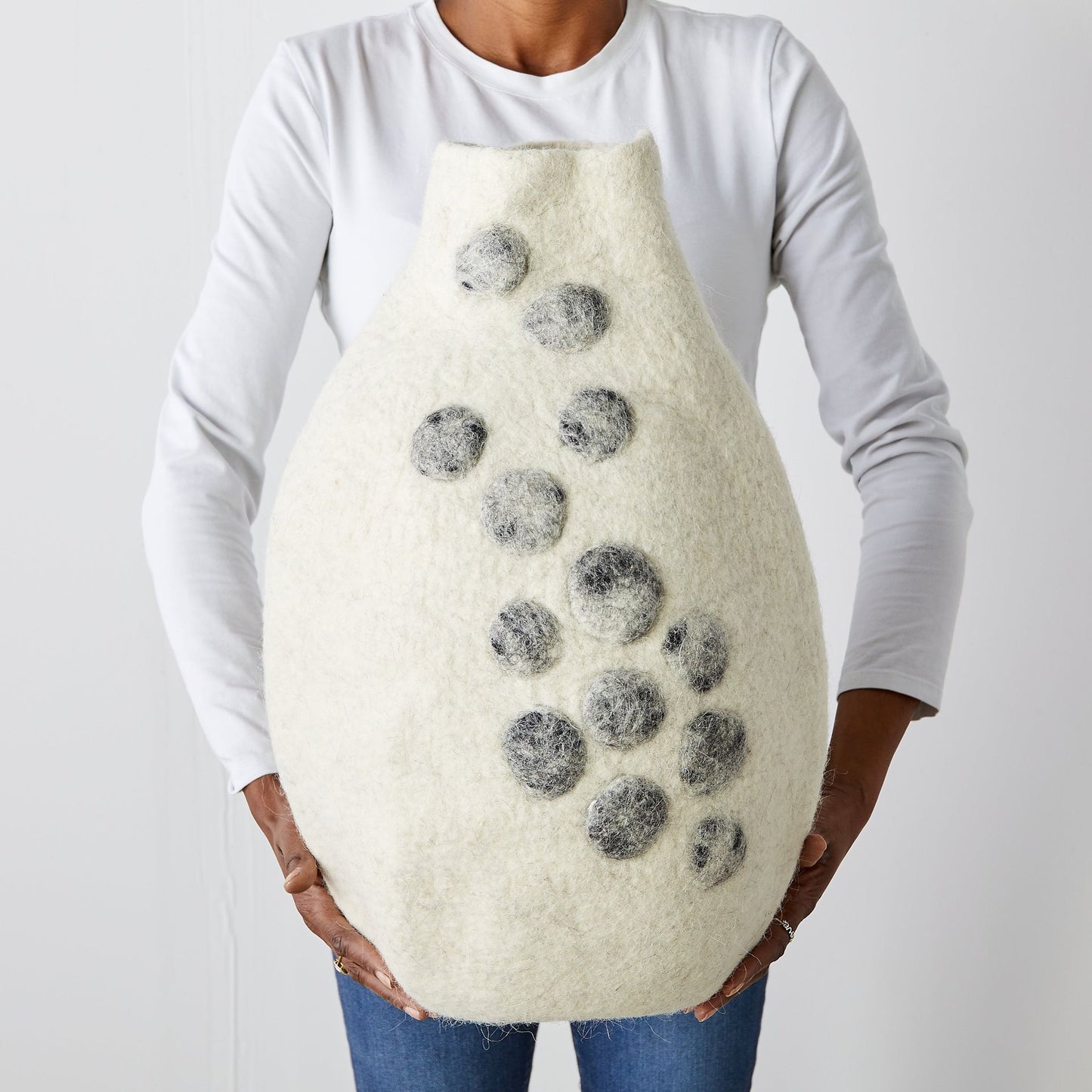 White Hand-Felted Pebble Gourd Basket Large