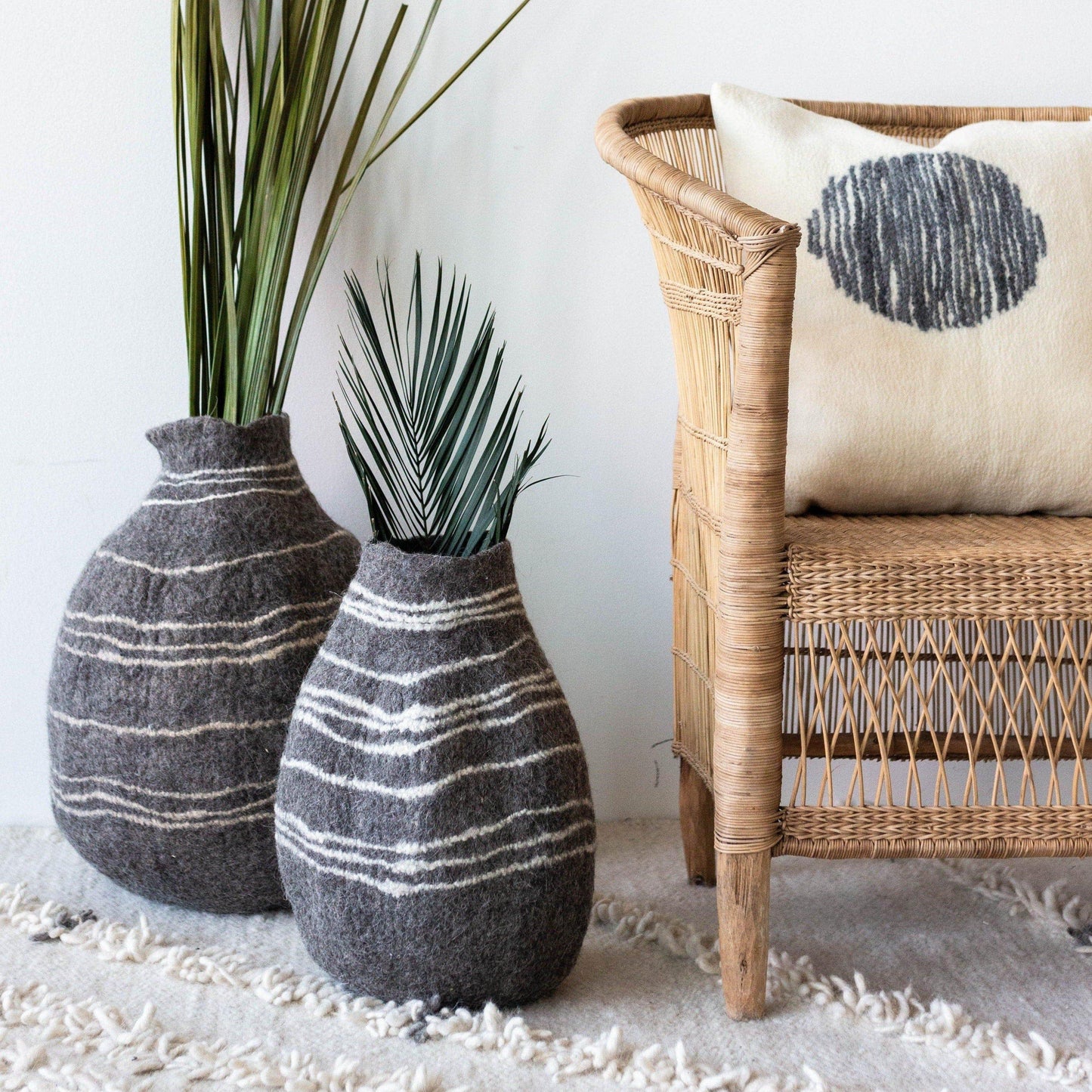 Wool Gourd Basket | Charcoal and Ivory | Tribal Lines