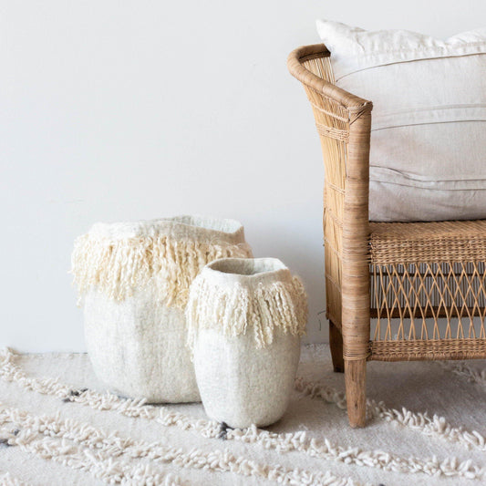 Decorative Wool Basket | Fringed Skirt Mohair Basket