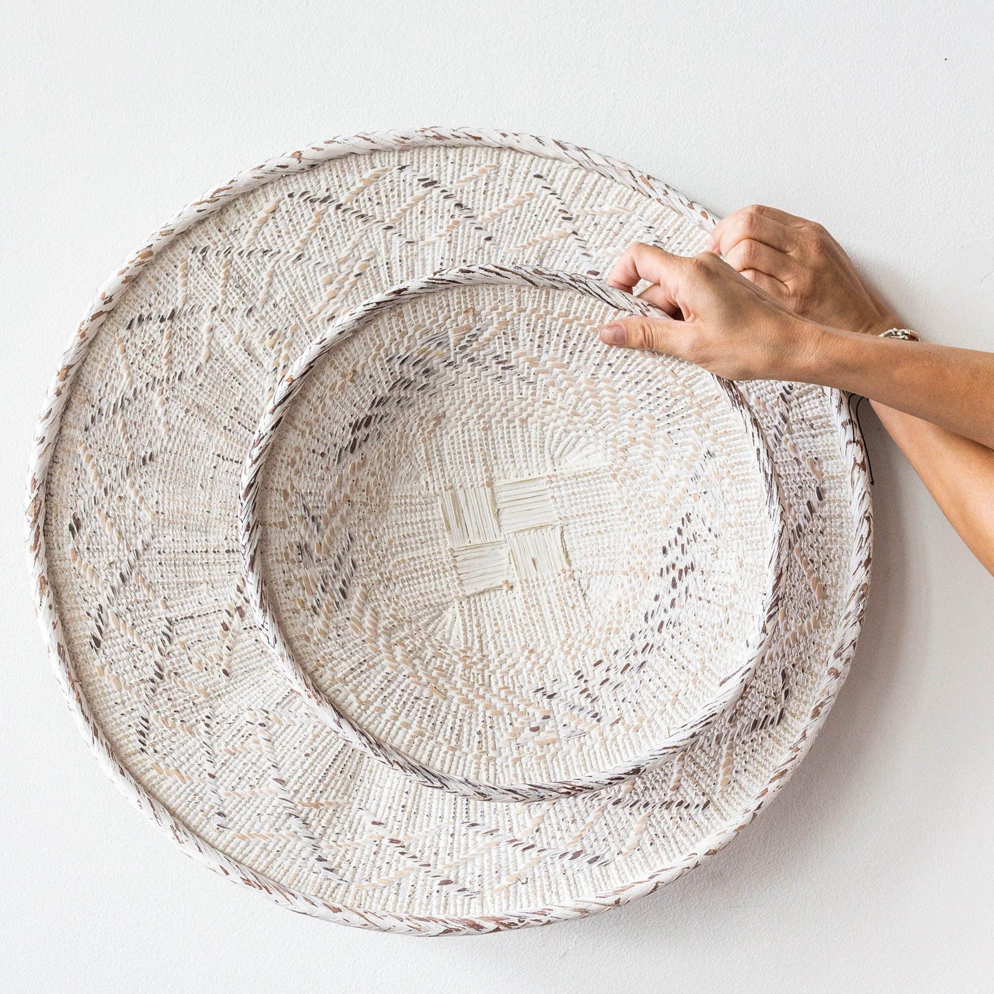 African Modern Boho Basket Wall Art: White Washed Flat Basket