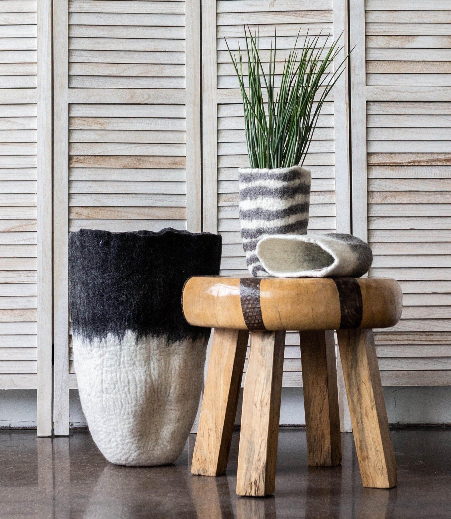 Modern Woven Floor Vase: Black & White Hand-Felted Floor Vase