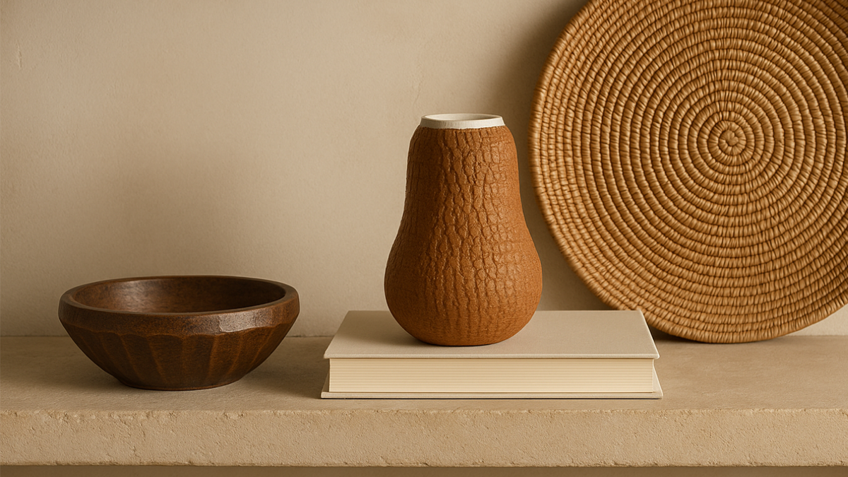 Shelf styled with wooden bowl objet, rust papier vessel, woven tray, and books—curated, nature‑forward maximalism.