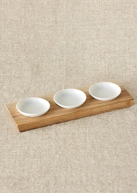 Wooden Serving Tray with Three Bowls, Handcrafted Serving Set for Snacks, Dips