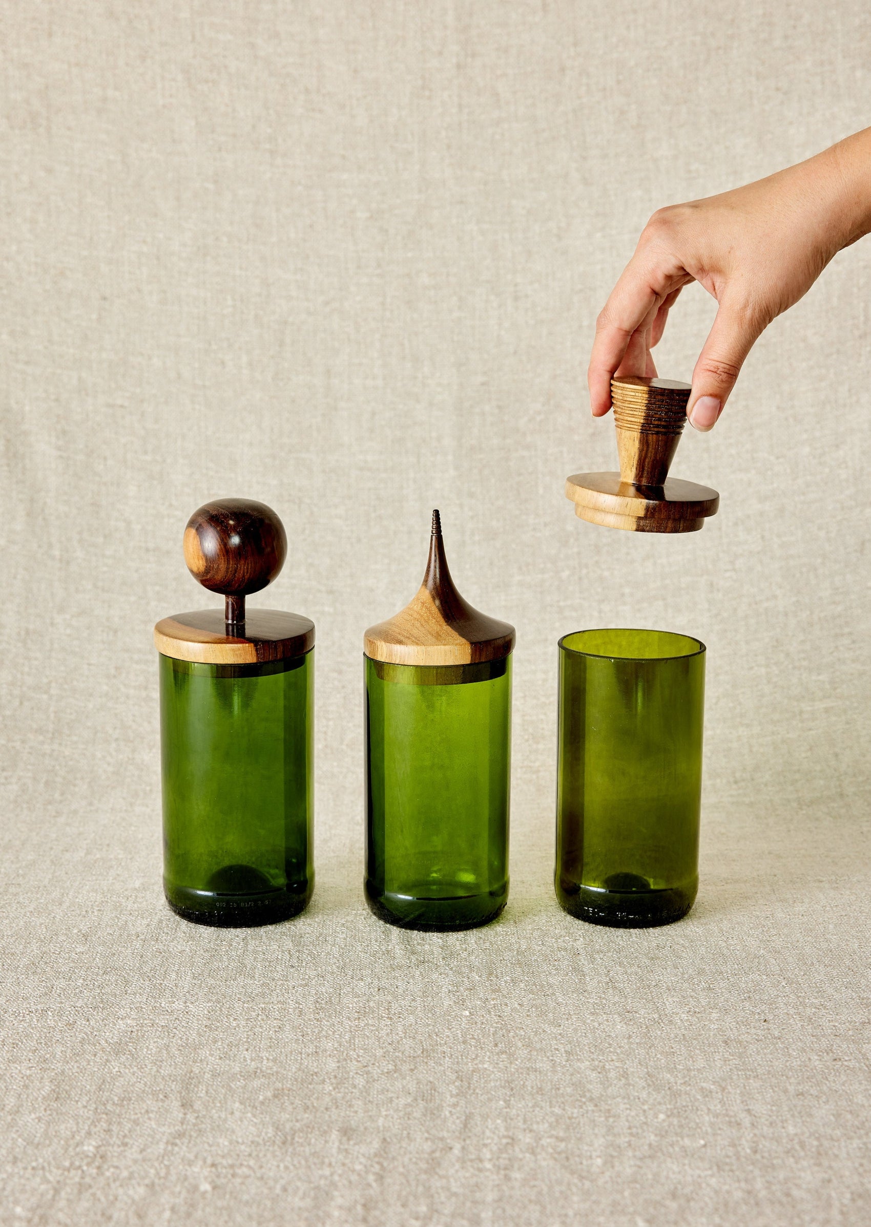 Wooden Topped Green Apothecary Jars