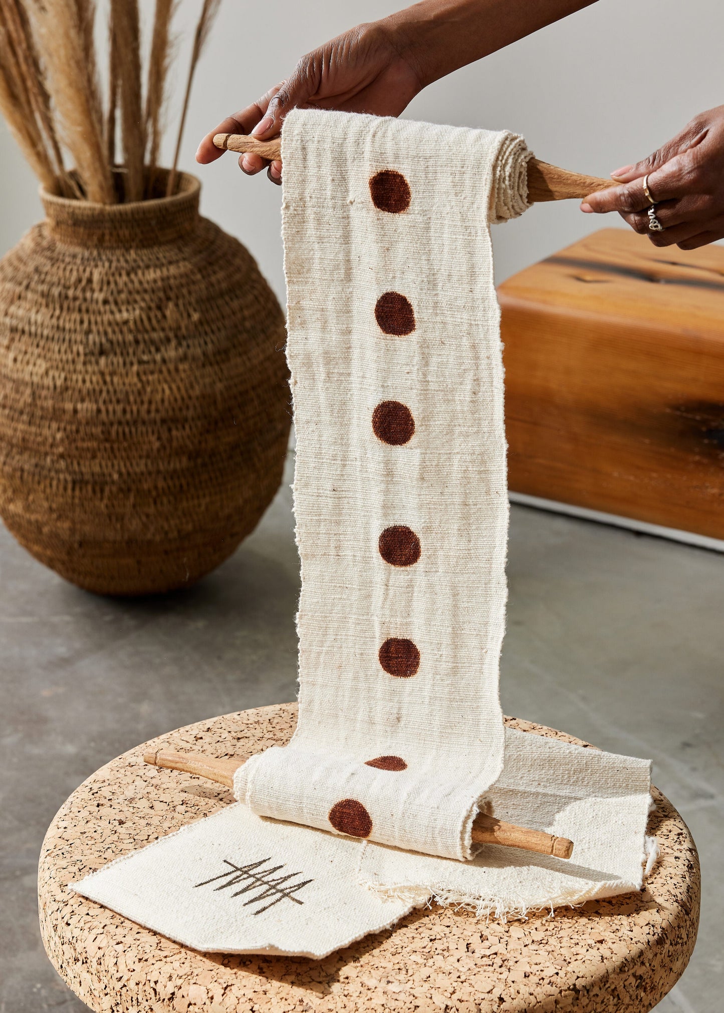 Birth Bogolan Wall Totem in White with Brown Dots