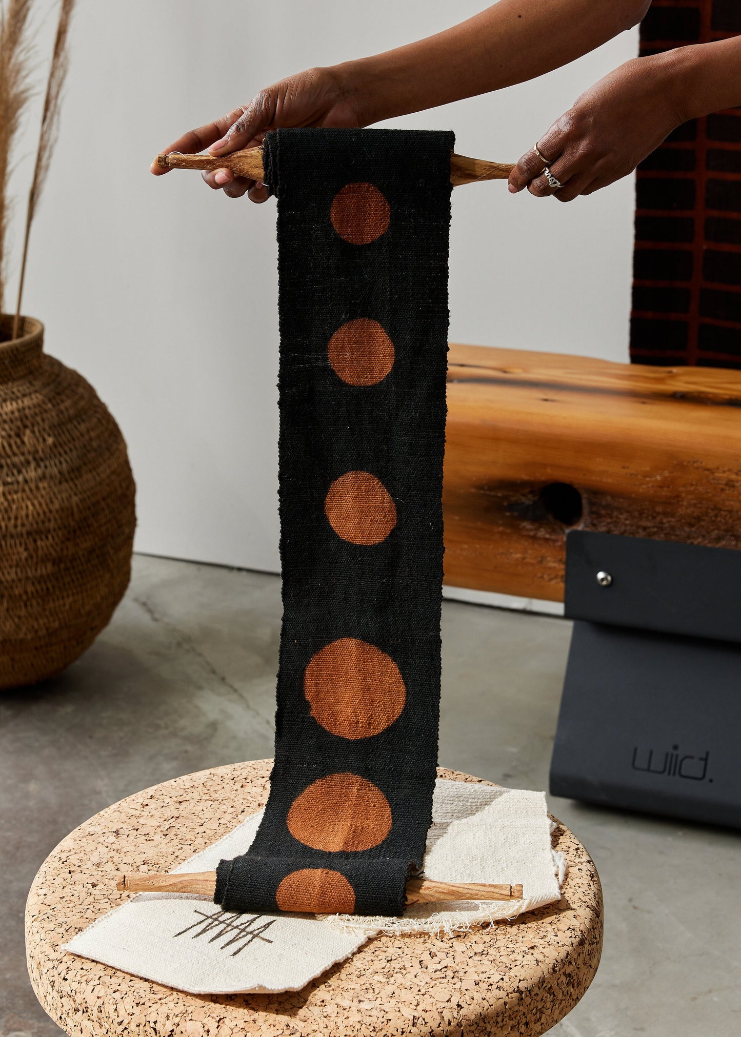 Flourish Bogolan Wall Totem in Black with Brown Circles