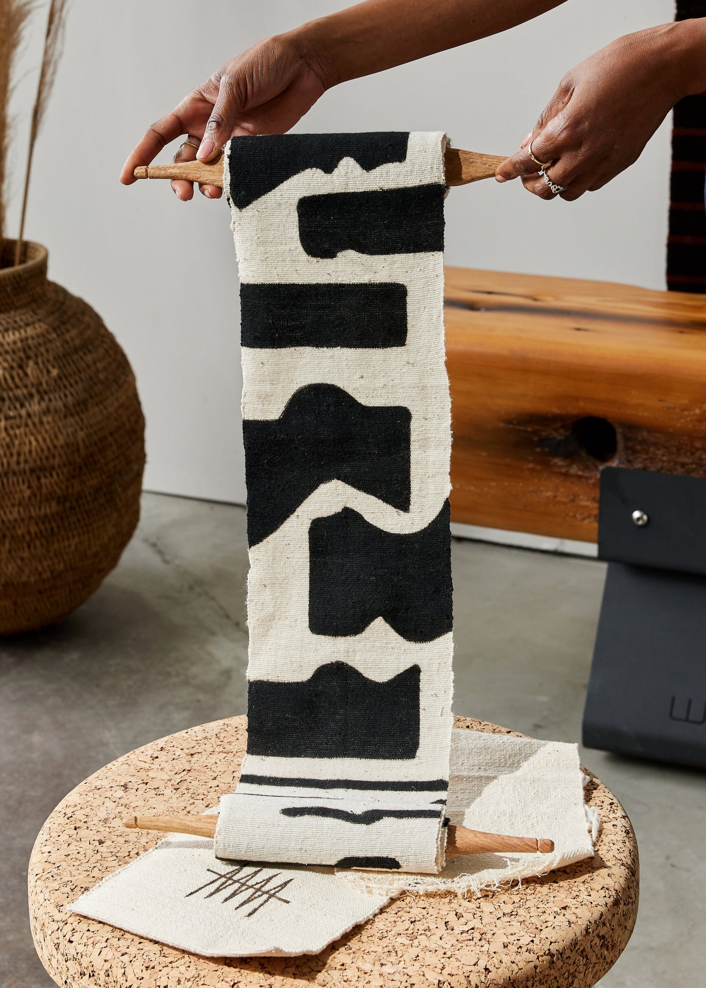 Vibrations Bogolan Wall Totem in White with Black Vibes