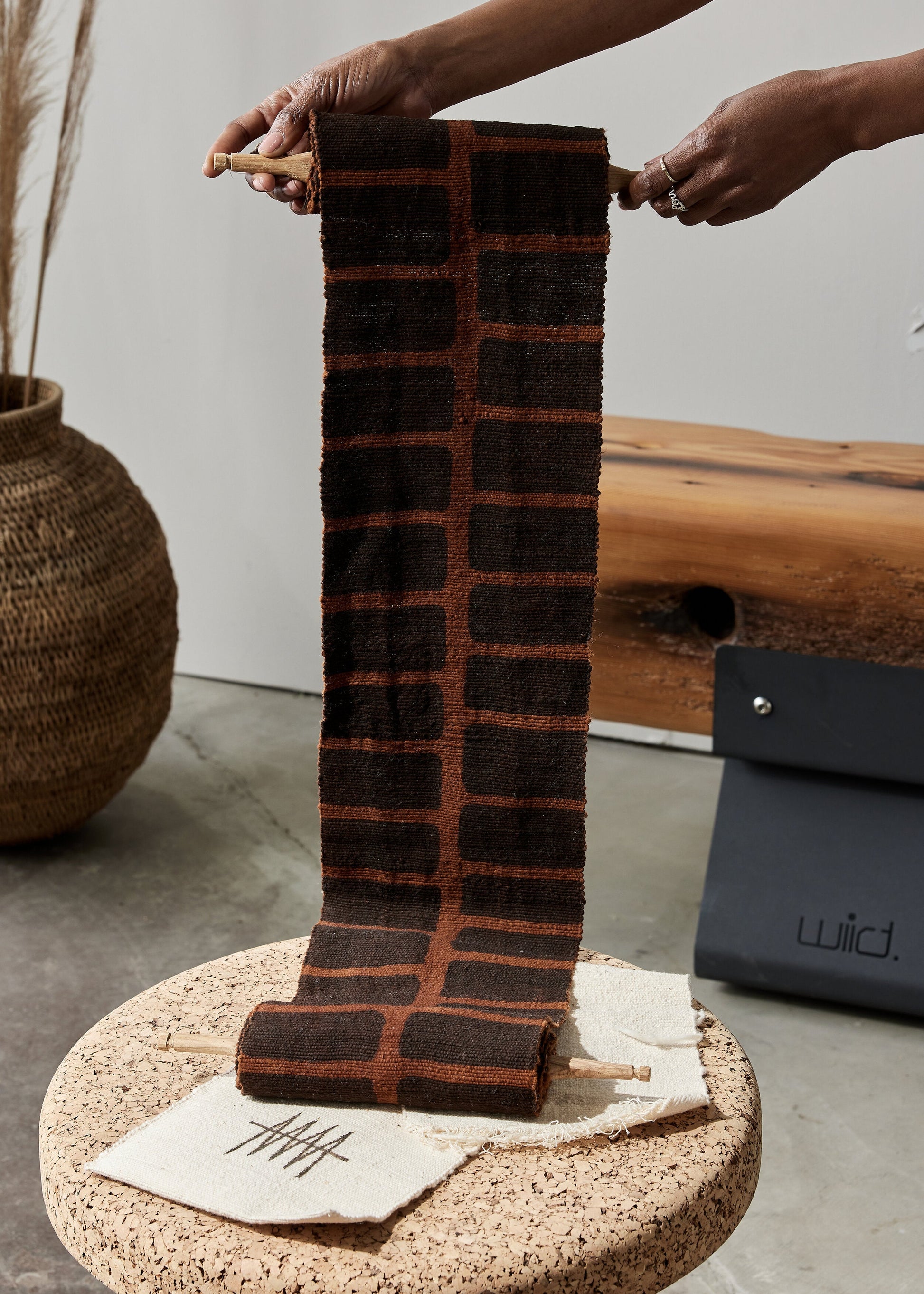 African Modern Boho Fabric Wall Art Totem: Brown with Black Lines