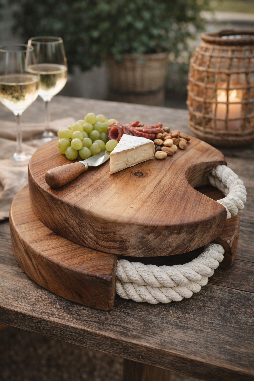Round Wooden Cutting Board with Yacht Rope Strap