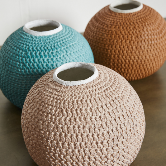 African Modern Paper Boho Vases: Bibi Papier Vase in Pink, Rust, and Blue