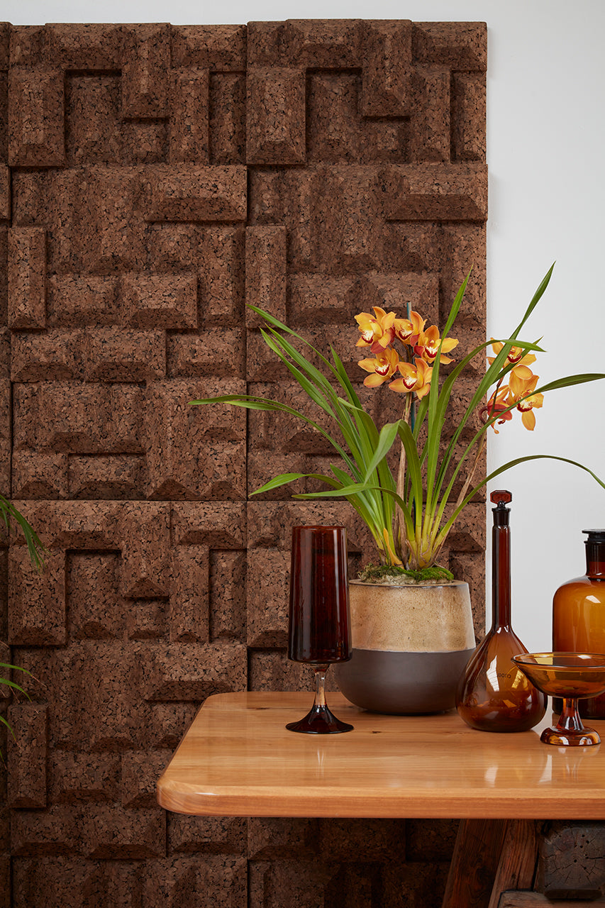 "Kanju's Wiid Angular Cork Wall Panels, showcasing a dynamic and modern design. Made from sustainable cork, these panels feature geometric angular shapes, bringing a unique textural element and contemporary African artistry to luxury interiors. Ideal for creating a statement wall that blends eco-consciousness with sophisticated style.