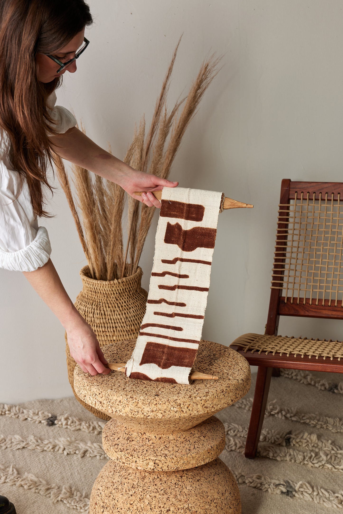 Vibrations Bogolan Wall Totem in White with Brown Vibes