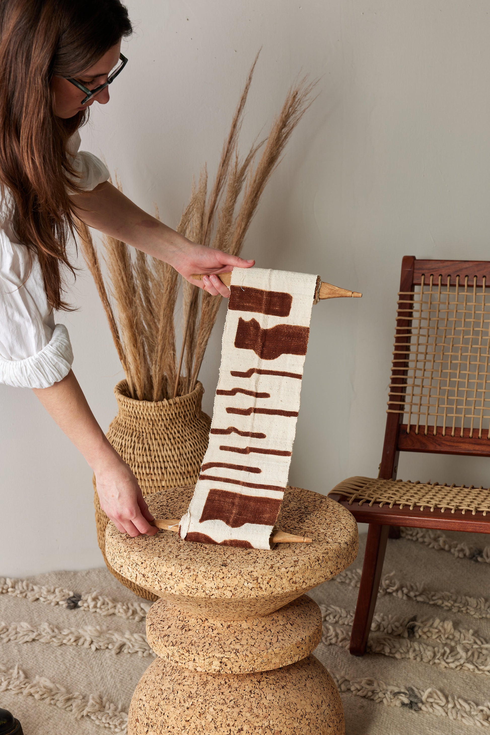 Vibrations Bogolan Wall Totem in White with Brown Vibes - Small