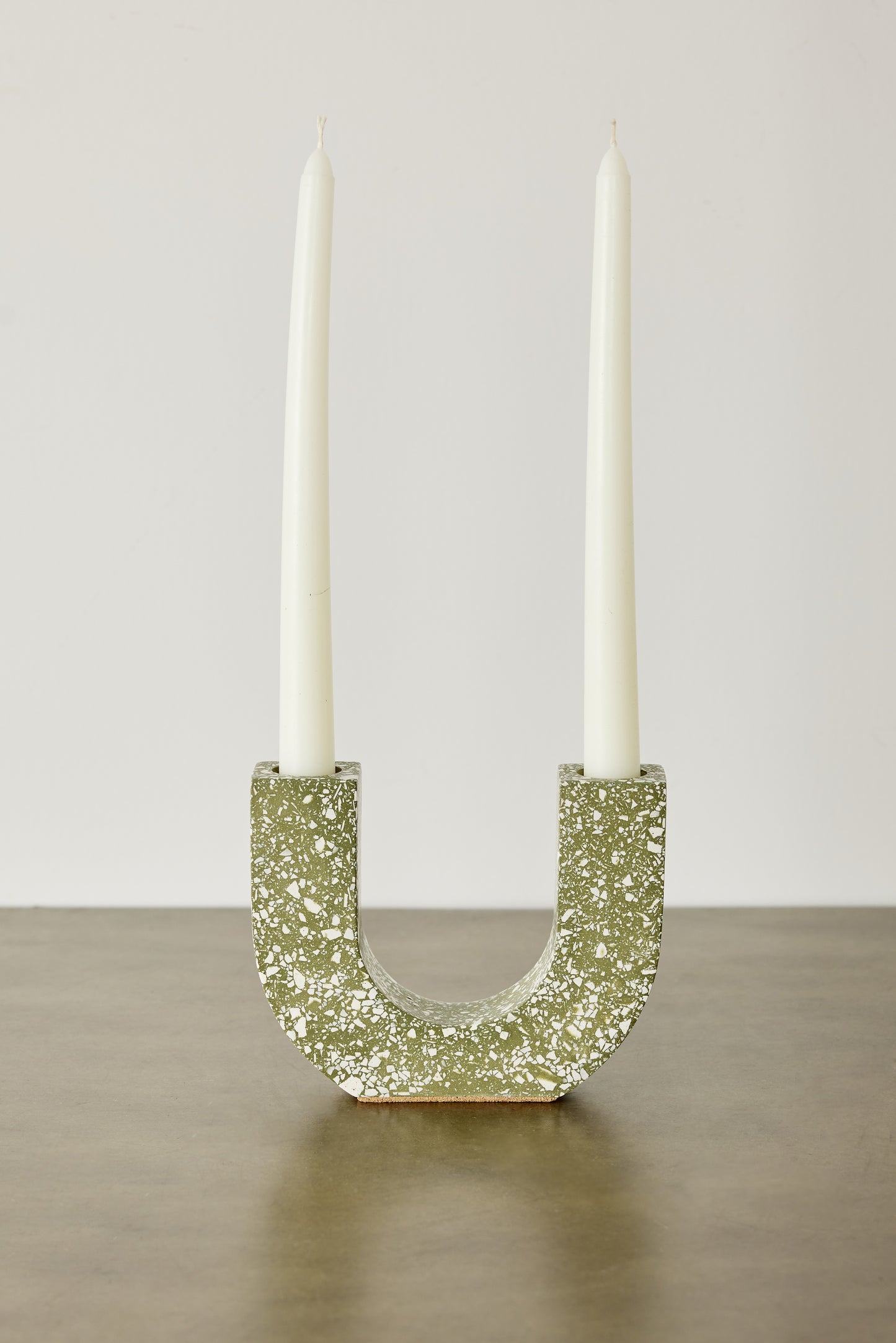 U-shaped Olive & White Terrazzo Taper Candle Holder