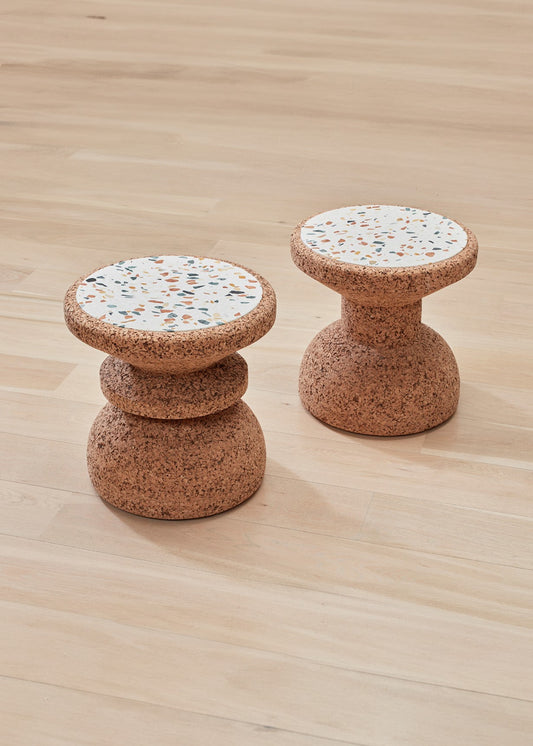 Kanju Exclusive: Wiid African Cork and Terrazzo Side Table, showcasing the pinnacle of luxury and craftsmanship. This elegant piece combines sustainable cork with vibrant terrazzo inlays, reflecting Africa's rich heritage in a contemporary design, ideal for sophisticated living spaces seeking a unique and eco-conscious aesthetic