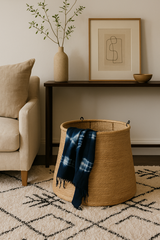 Woven basket with a blue and white patterned blanket in a living room setting.