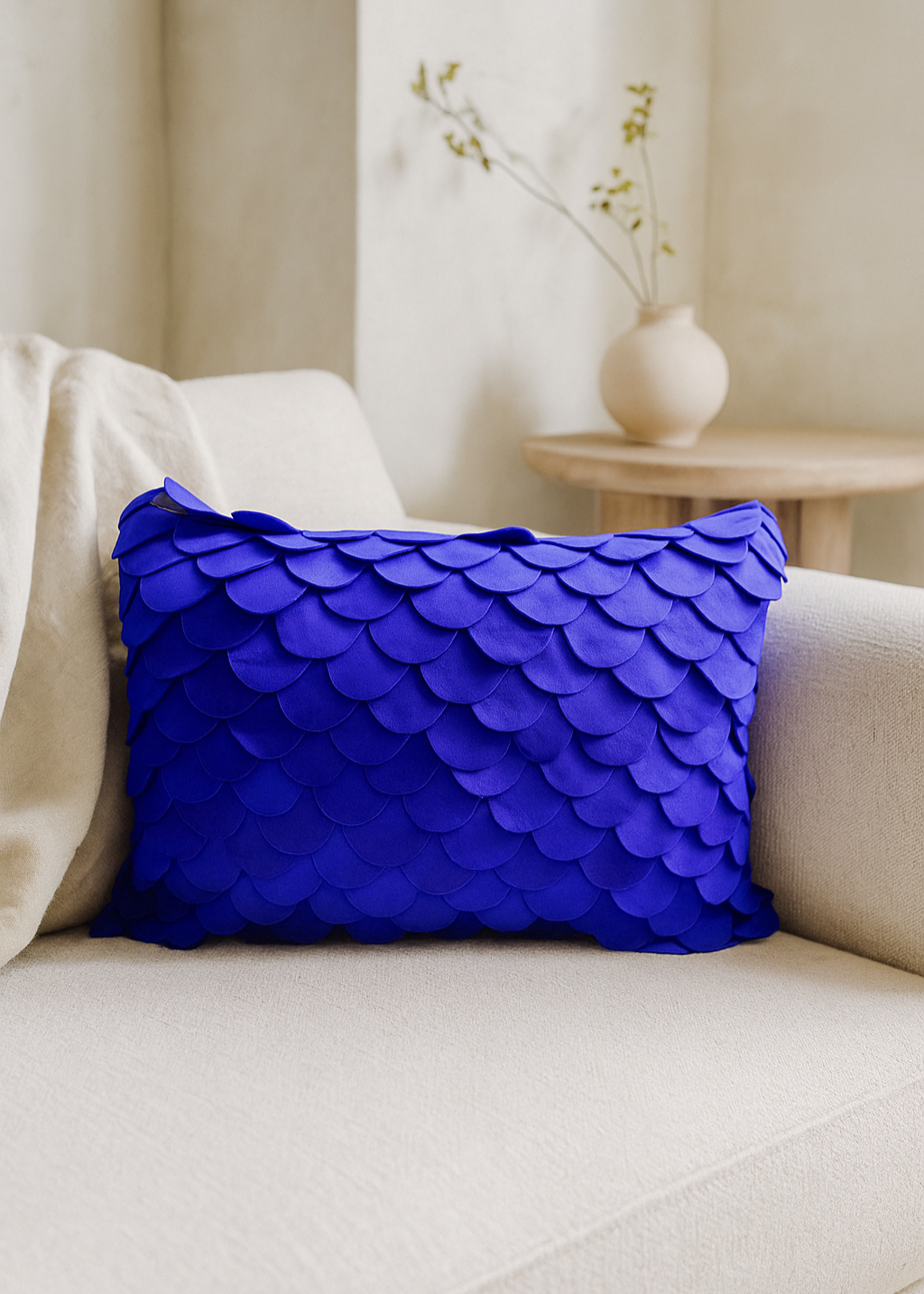 Angoni Cobalt Blue Scalloped Throw Pillow Cover – Light Scratches & Discoloration