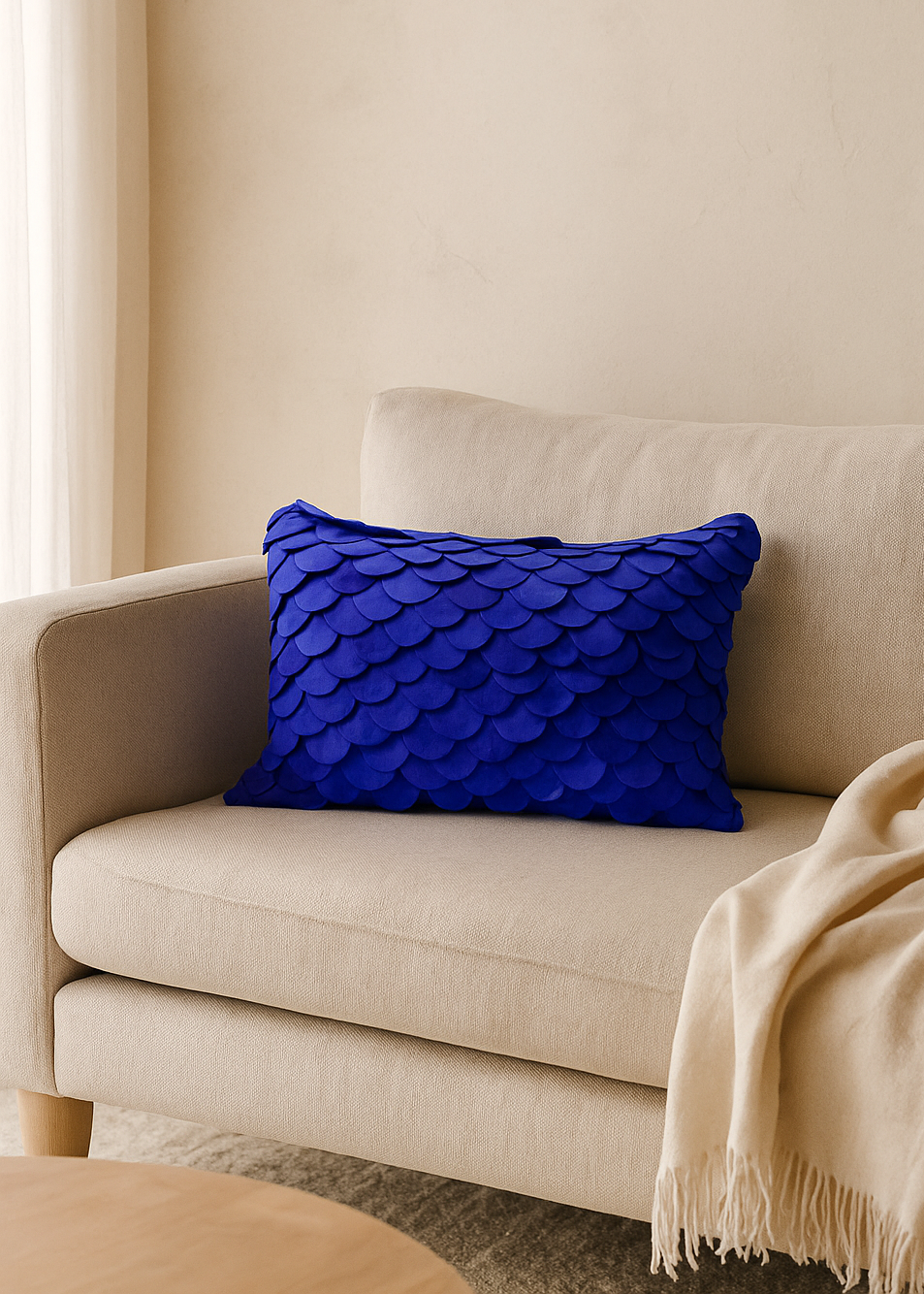 Angoni Cobalt Blue Scalloped Throw Pillow Cover – Light Scratches & Discoloration