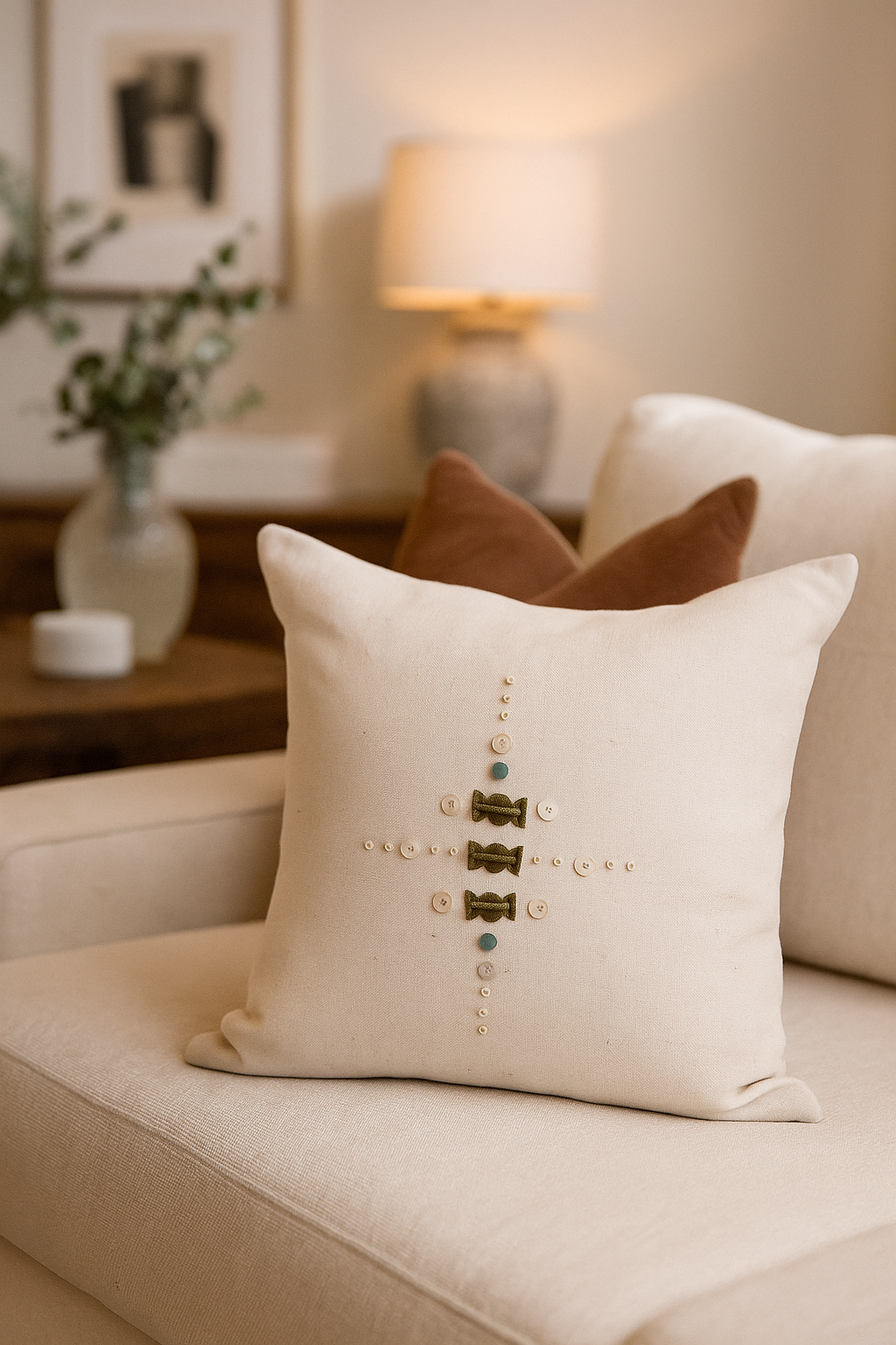 Decorative pillow with a unique pattern on a beige sofa in a cozy living room.