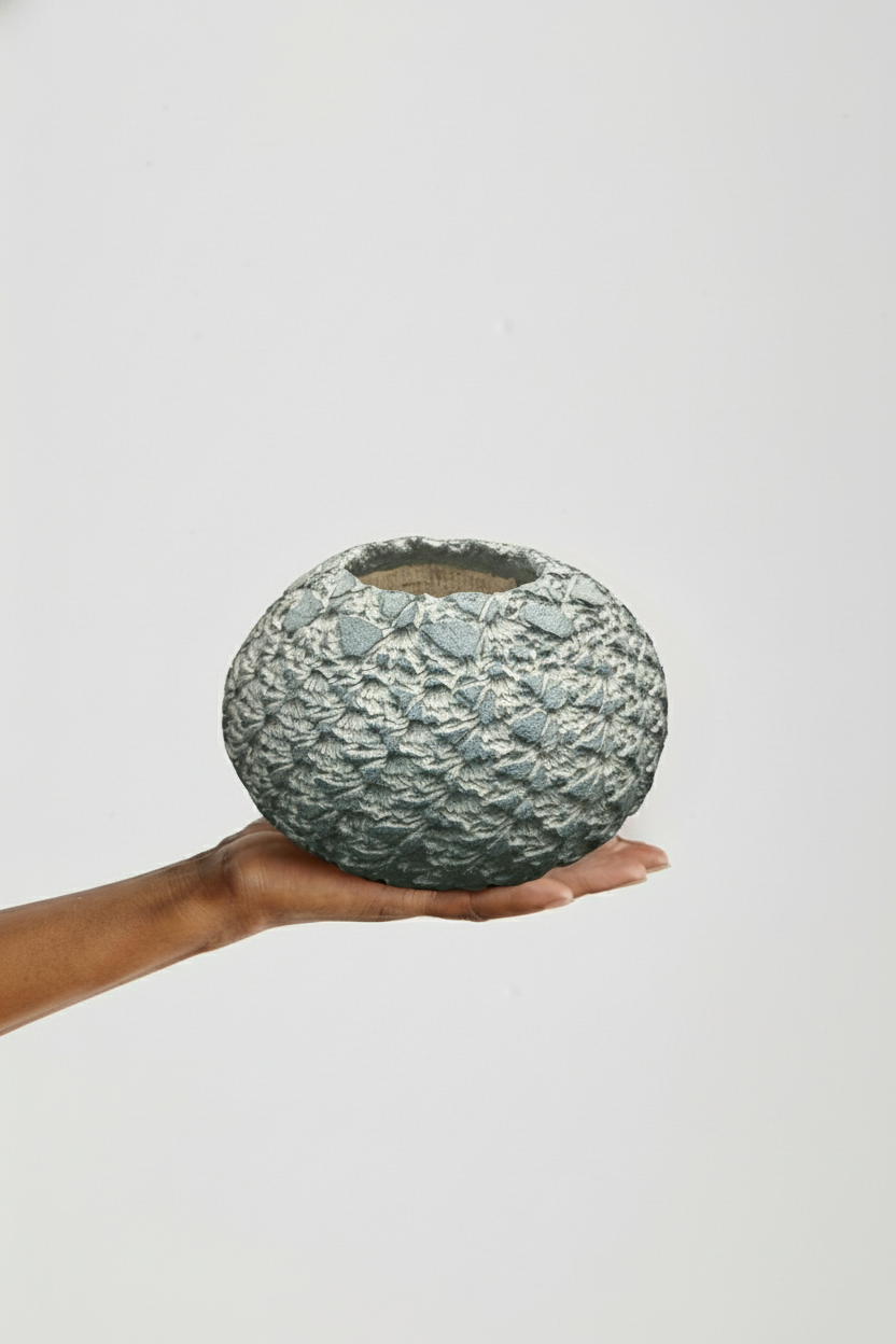 Hand holding a textured ceramic vase against a plain background