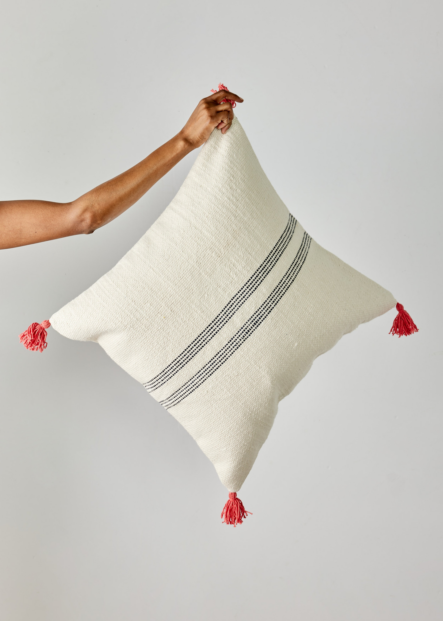 Boho Blue Stripe w/ Pink Tassel Throw Pillow