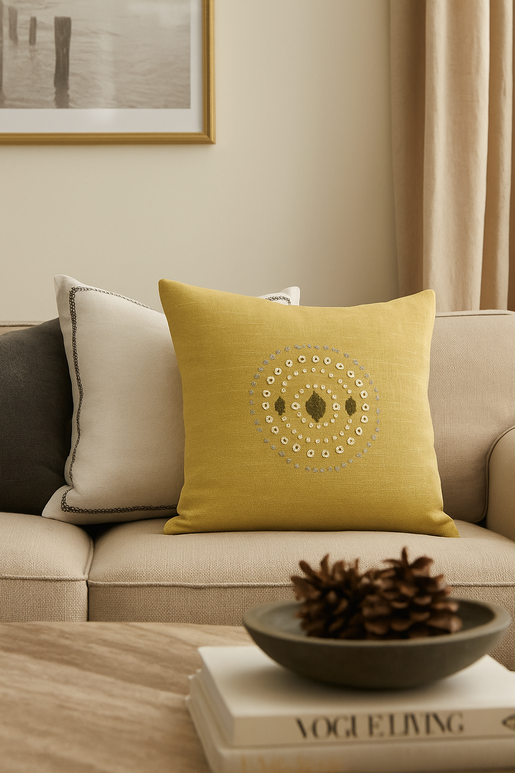 Yellow decorative pillow on a beige sofa with a bowl of pinecones and books on a coffee table.