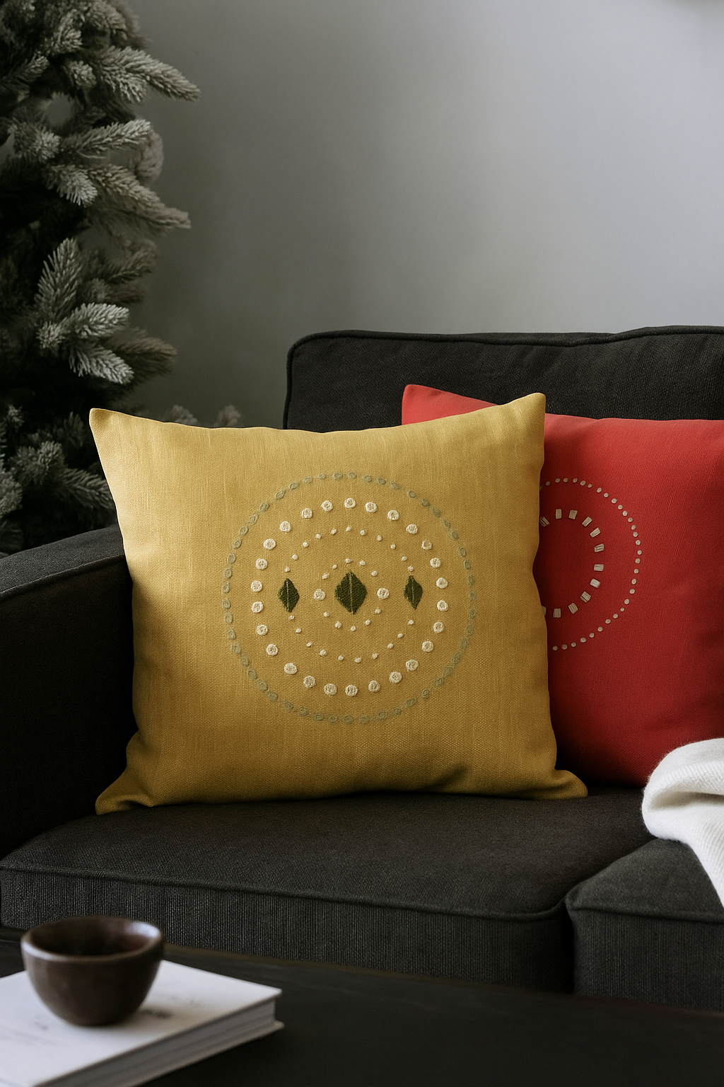 Yellow and red patterned cushions on a dark sofa with a neutral background