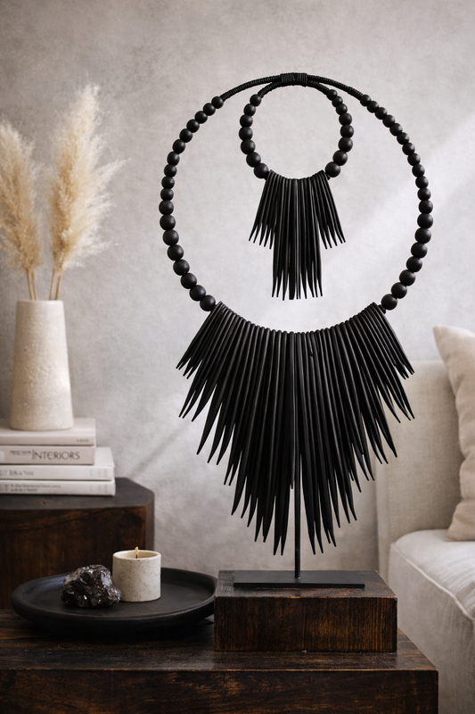 Black Double Ring Statement Cuttle Shell Necklace – Scratched