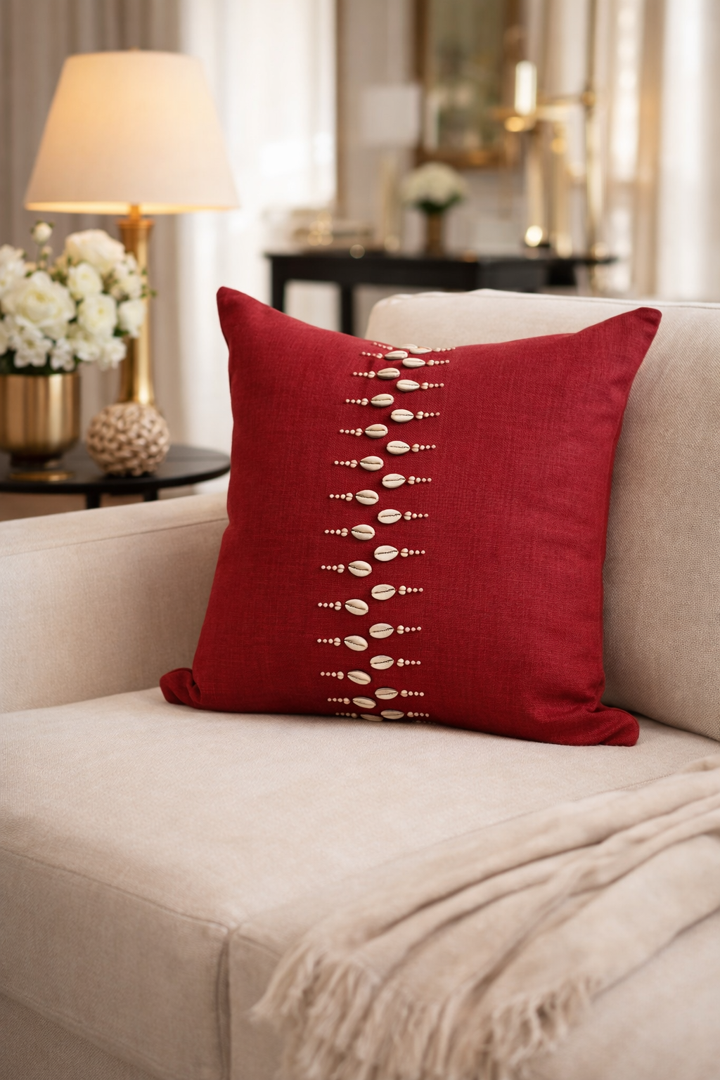 Cowrie Ileli Crimson Red Trade Bead Pillow Cover