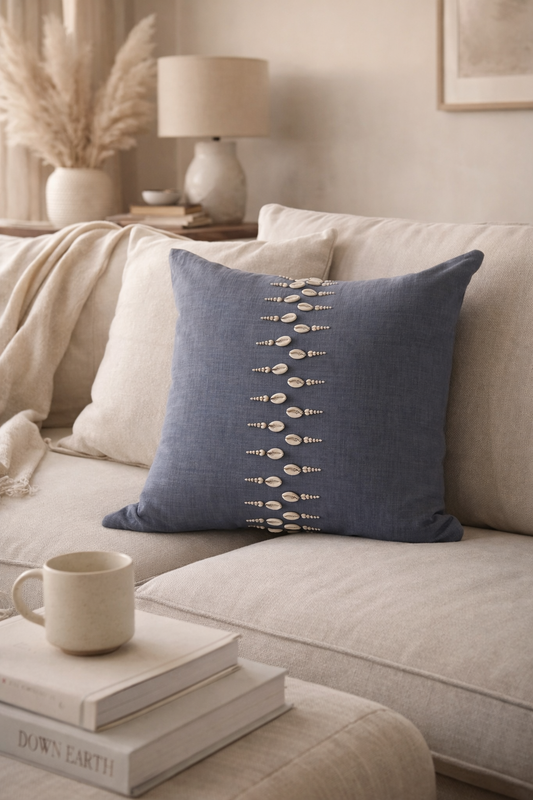 Cowrie Ileli Indigo Grey Trade Bead Pillow Cover