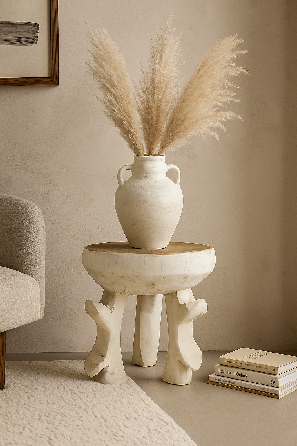 Decorative vase with dried pampas grass on a small table against a beige wall.