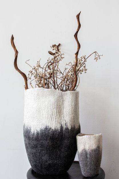 Modern Woven Floor Vase: Black & White Hand-Felted Floor Vase
