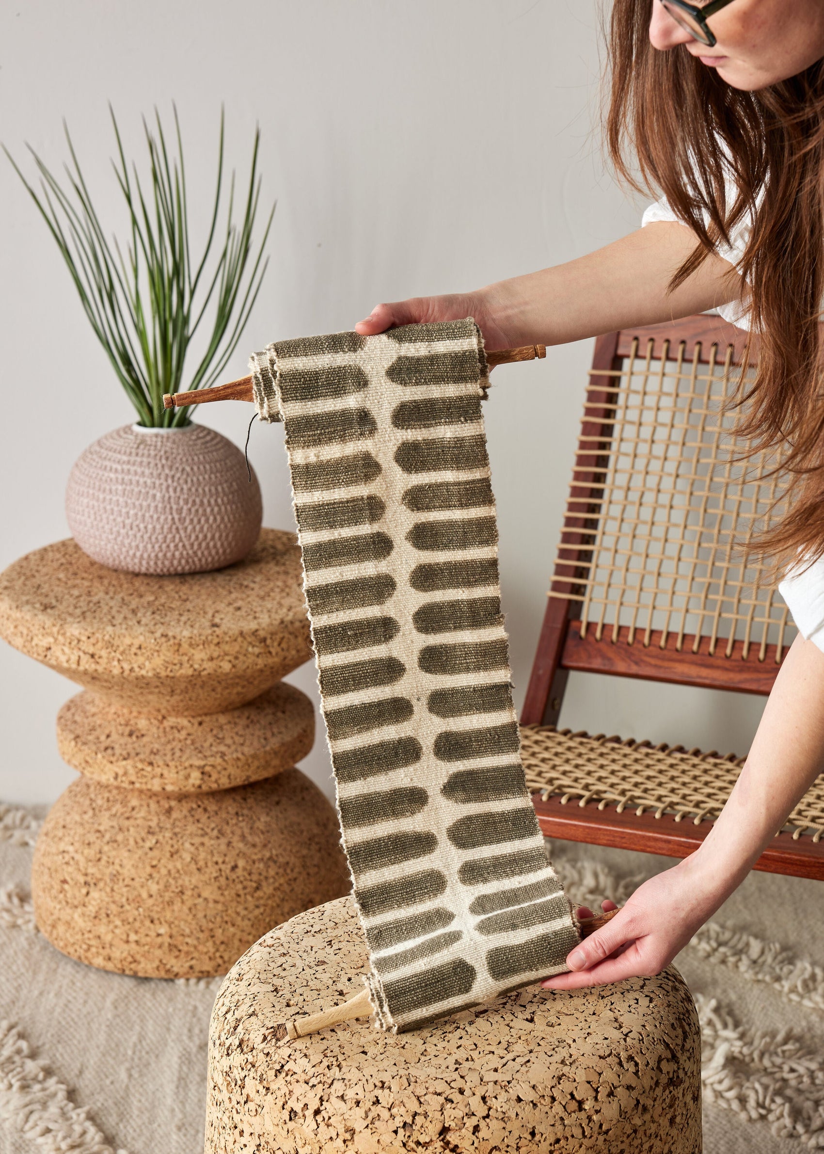 Flexibility Bogolan Wall Totem in Grey with White Lines