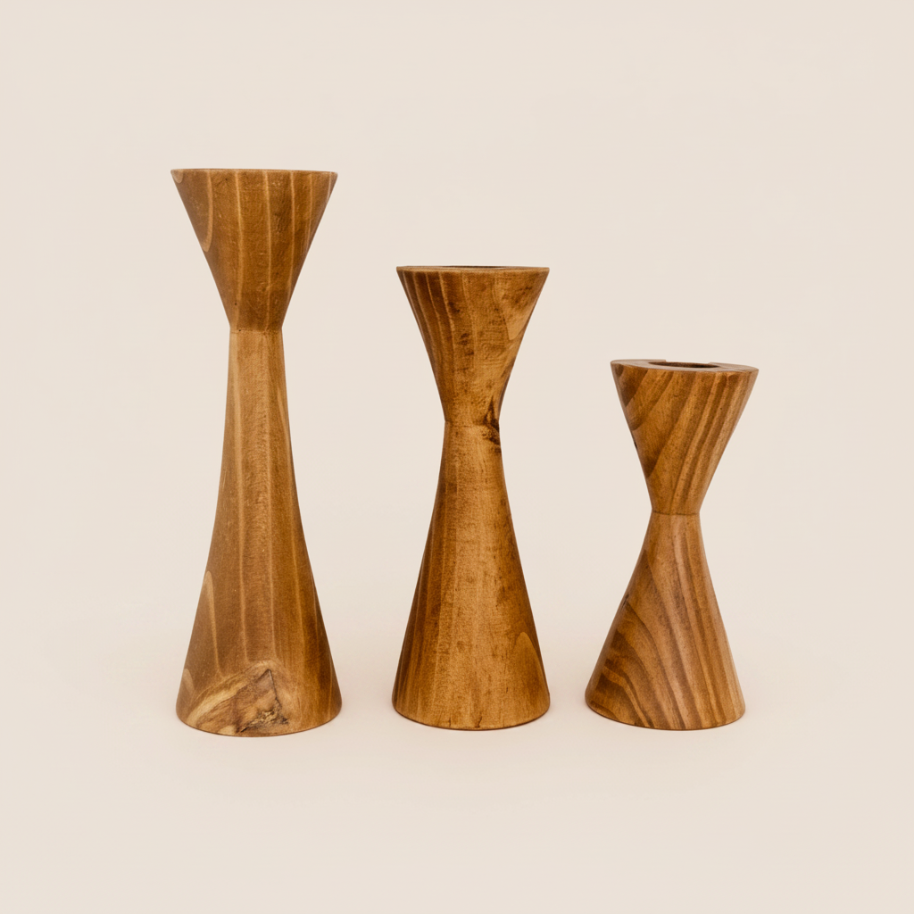 Three wooden candle holders in varying sizes, with a light beige finish, displayed on a flat surface.