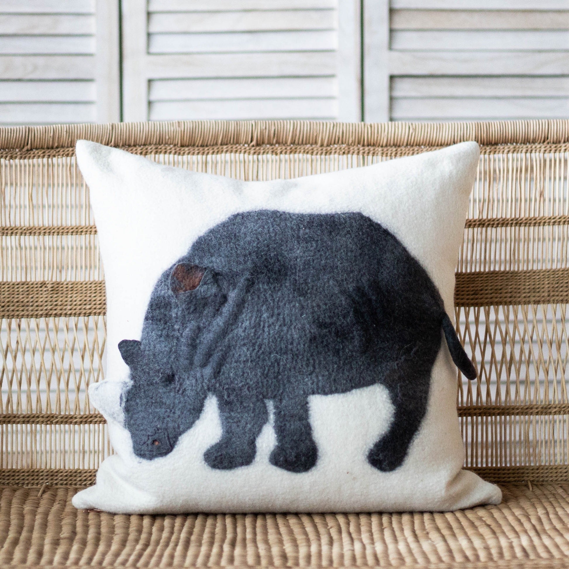 Rhino Hand Felted Decorative Pillow - Wildlife Home Decor Large Square