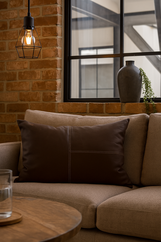 Beige sofa with brown pillow against a brick wall with a hanging light fixture.