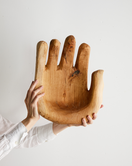 Wood Modern Open Hand Bowl Sculpture: Handmade Artisan Sculpture