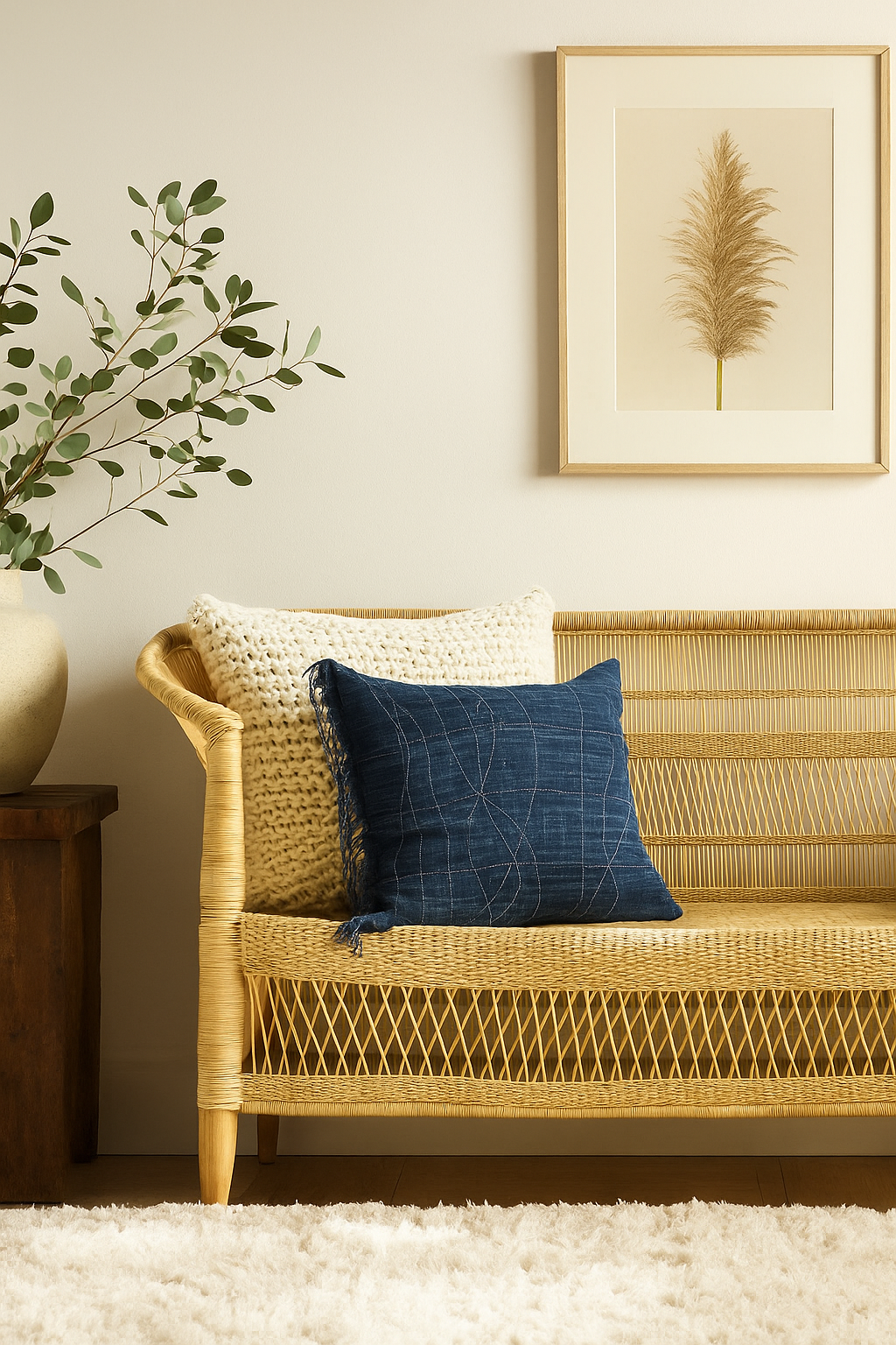 Wicker bench with blue pillow and framed artwork on a wall