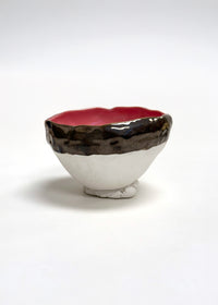 Ceramic bowl with a red interior and black and white exterior on a white background
